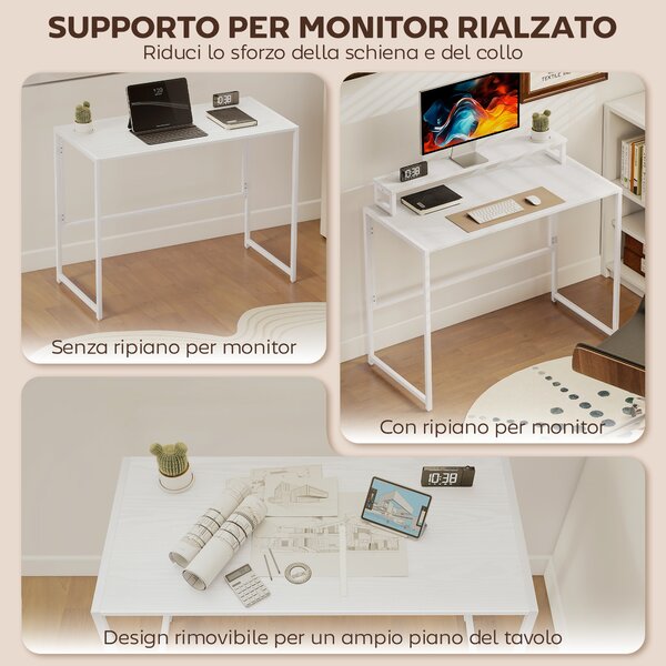 HOMCOM Scrivania Pieghevole Salvaspazio con Stand per Monitor Rimovibile, 100x48x87.5 cm, Bianco | Aosom Italy