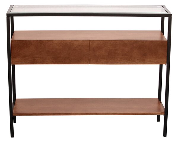 Consolle in legno scuro massello di mango e piano in vetro 2 cassetti L100 cm SITA
