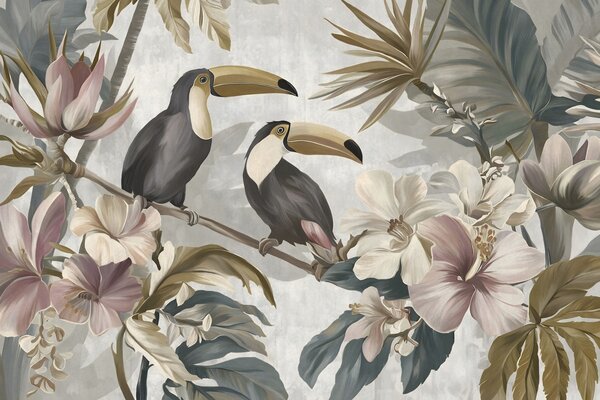 Carta da parati una coppia di tucani tra fiori e foglie tropicali, Carta da parati Natura, w05657 : Uwalls.it