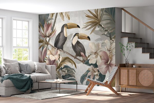 Carta da parati una coppia di tucani tra fiori e foglie tropicali, Carta da parati Natura, w05657 : Uwalls.it