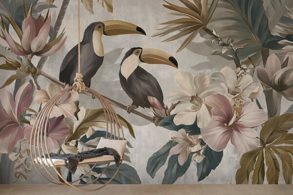 Carta da parati una coppia di tucani tra fiori e foglie tropicali, Carta da parati Natura, w05657 : Uwalls.it