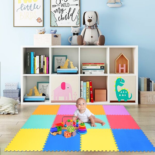 Costway Tappeto puzzle in schiuma per bambini, Tappetino colorato con 12 pezzi a incastro in schiuma EVA>