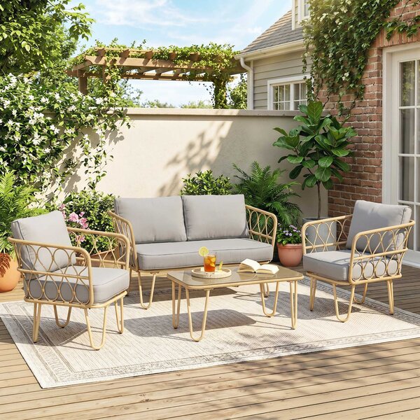 Outsunny Salotto da Giardino Rattan 4 Pezzi con Divano 2 Posti, 2 Poltrone e Tavolino con Piano in Vetro, Cuscini Sfoderabili e Lavabili, Giallo|Aosom