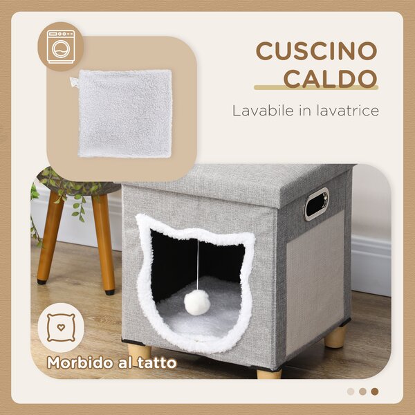 PawHut Casetta per Gatti con Tiragraffi, Cuscino e Pallina, in Legno e Poliestere, 35.5x35.5x42.5 cm, Crema e Grigio | Aosom Italy