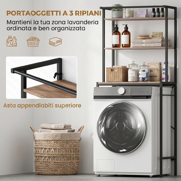 HOMCOM Mensola 3 Ripiani sopra Lavatrice con Barra Appendiabiti, Marrone/Nero | Aosom Italy