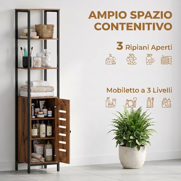 Kleankin Mobile Bagno Alto Stretto, Mobiletto Bagno Salvaspazio con Ante Soft Close a Persiana, 3 Ripiani Aperti, Ripiani Regolabili, Marrone Rustico | Aosom Italy