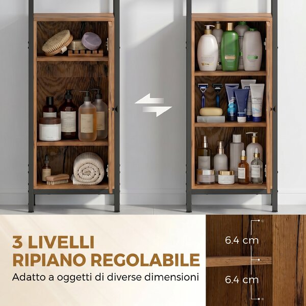 Kleankin Mobile Bagno Alto Stretto, Mobiletto Bagno Salvaspazio con Ante Soft Close a Persiana, 3 Ripiani Aperti, Ripiani Regolabili, Marrone Rustico | Aosom Italy
