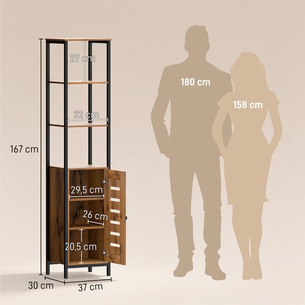 Kleankin Mobile Bagno Alto Stretto, Mobiletto Bagno Salvaspazio con Ante Soft Close a Persiana, 3 Ripiani Aperti, Ripiani Regolabili, Marrone Rustico | Aosom Italy