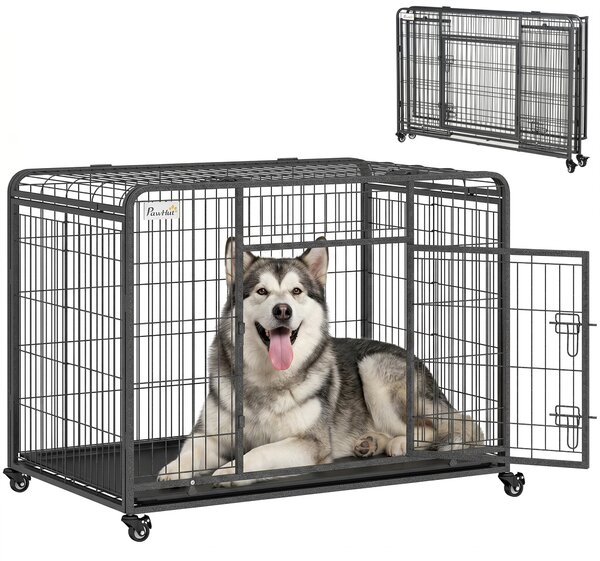 PawHut Kennel Gabbia per Cani Pieghevole Doppia Porta con Blocco 4 Ruote con Freno e Fondo Rimovibile, 125x76x81cm|Aosom