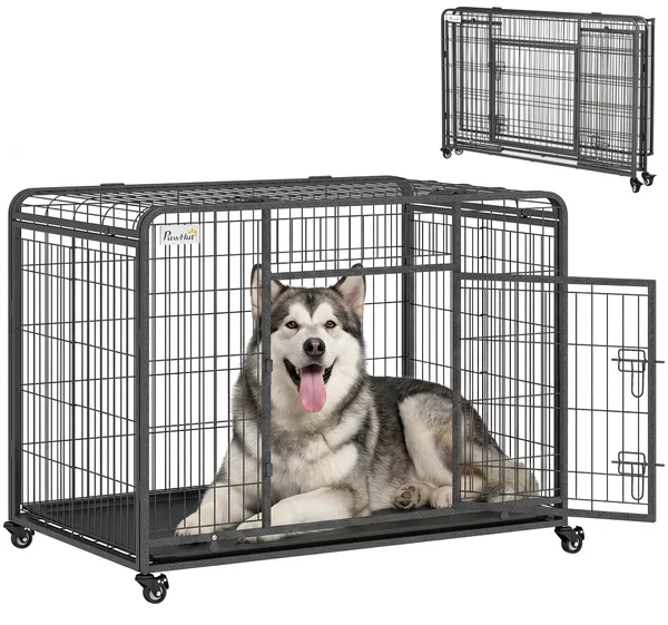 PawHut Kennel Gabbia per Cani Pieghevole Doppia Porta con Blocco 4 Ruote con Freno e Fondo Rimovibile, 125x76x81cm|Aosom