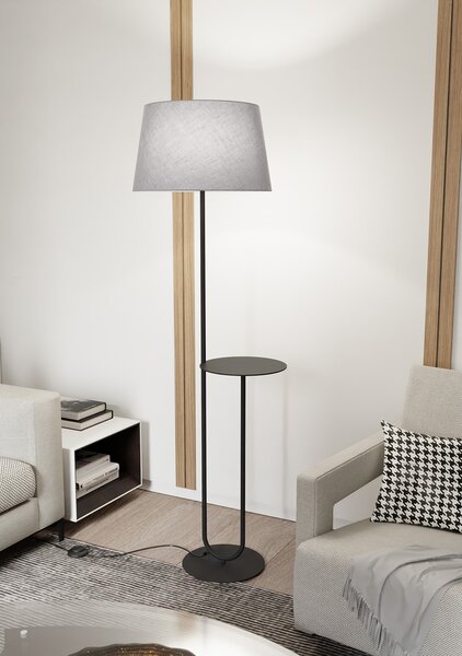 Piantana 1 Luce Horus Paralume In Tessuto Grigio Con Mensola In Acciaio Nero