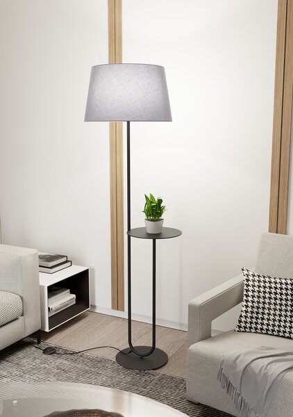 Piantana 1 Luce Horus Paralume In Tessuto Grigio Con Mensola In Acciaio Nero