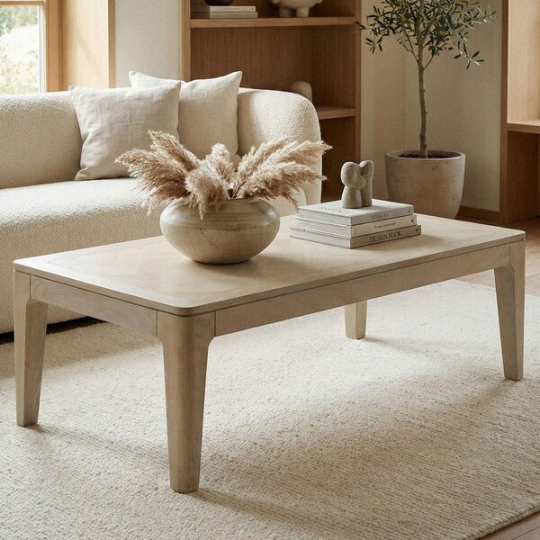 Tavolino WOHNLING, 120x60 cm, in legno massello di mango, finitura bianca, tavolino rettangolare per il soggiorno, tavolino da divano, design moderno, in legno, tavolino da caffè, tavolino da lounge, prodotto artigianale