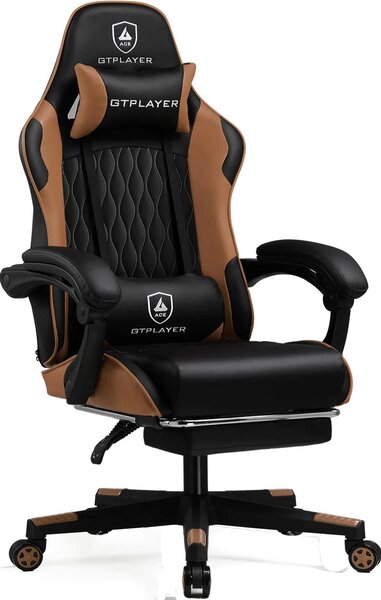 Sedia da gaming - GTP900 - Ergonomica con supporto lombare e cuscino - Poggiapiedi regolabile - Rotazione a 360° con ruote - Materiali: pelle e metallo - Peso massimo supportato: 150 kg - Colore: marrone medio