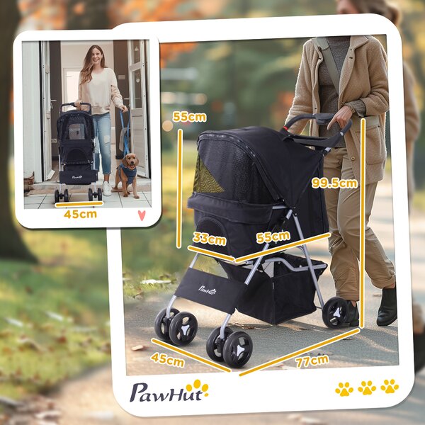 PawHut Passeggino pieghevole per Cani con finestre a rete, portabicchieri e Cestino, Carrello per Animali Domestici, 77x47x101cm, Nero | Aosom Italy