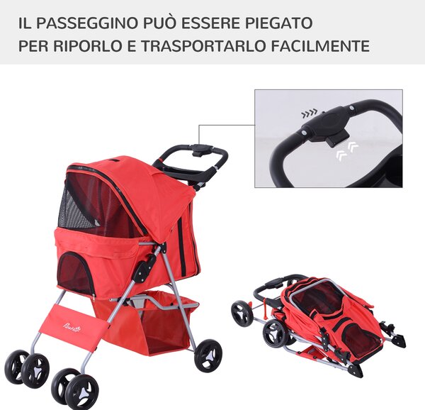 PawHut Passeggino Pieghevole con finestre a rete, Cestino e portabicchieri per Cani Gatti e Animali Domestici, 75x46x94 cm, Rosso | Aosom Italy