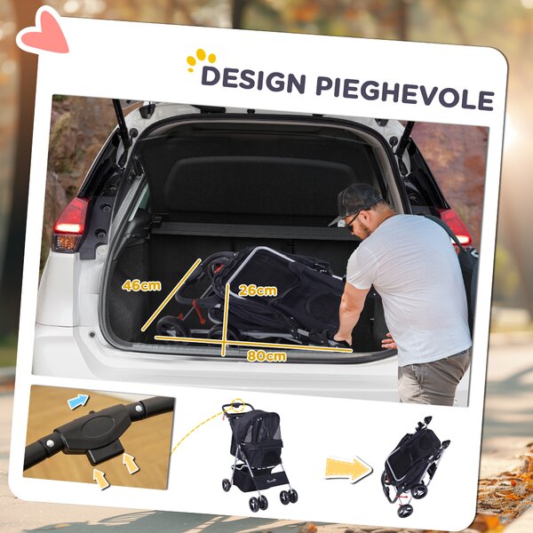 PawHut Passeggino pieghevole per Cani con finestre a rete, portabicchieri e Cestino, Carrello per Animali Domestici, 77x47x101cm, Nero | Aosom Italy