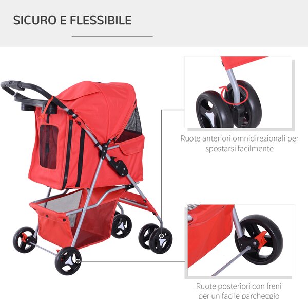 PawHut Passeggino Pieghevole con finestre a rete, Cestino e portabicchieri per Cani Gatti e Animali Domestici, 75x46x94 cm, Rosso | Aosom Italy