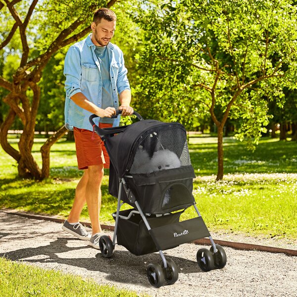 PawHut Passeggino pieghevole per Cani con finestre a rete, portabicchieri e Cestino, Carrello per Animali Domestici, 77x47x101cm, Nero | Aosom Italy