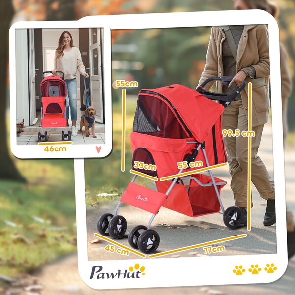 PawHut Passeggino Pieghevole con finestre a rete, Cestino e portabicchieri per Cani Gatti e Animali Domestici, 75x46x94 cm, Rosso | Aosom Italy