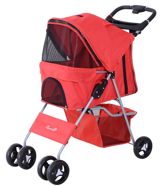 PawHut Passeggino Pieghevole con finestre a rete, Cestino e portabicchieri per Cani Gatti e Animali Domestici, 75x46x94 cm, Rosso | Aosom Italy