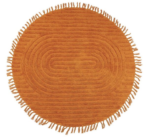 Tappeto rotondo in cotone arancione ⌀ 140 cm trapuntato con motivo a frange boho soggiorno camera da letto Beliani