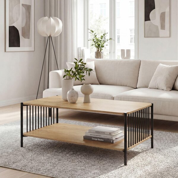 FineBuy, tavolino da caffè, 110x60 cm, effetto legno di quercia, rettangolare, con struttura in metallo, ideale per il soggiorno, con spazio di stoccaggio, tavolino da divano, tavolino da relax, tavolino ausiliario