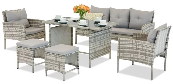 Set in tecnorattan con pouf Bari Garden Point grigio chiaro