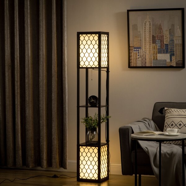 HOMCOM Lampada da Terra a Colonna in MDF e Plastica PP con 2 Ripiani, per Soggiorno, Studio e Camera da Letto, 26x26x156 cm, Bianca e Nera|Aosom