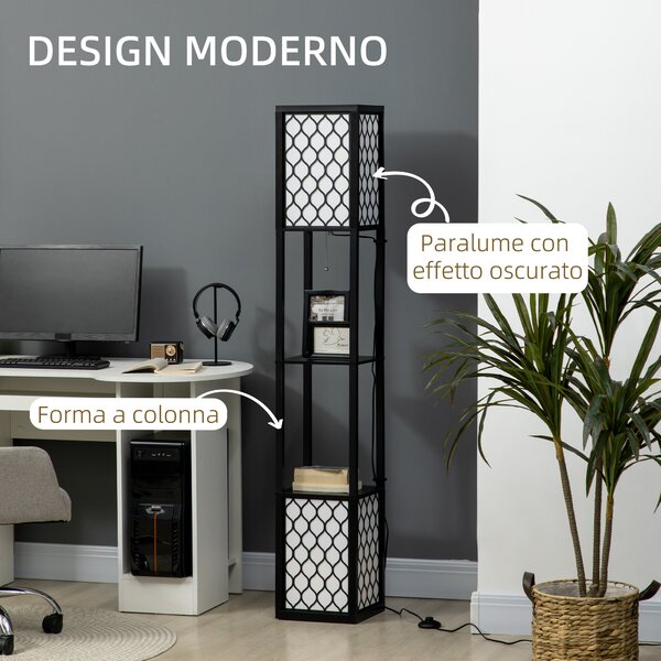 HOMCOM Lampada da Terra a Colonna in MDF e Plastica PP con 2 Ripiani, per Soggiorno, Studio e Camera da Letto, 26x26x156 cm, Bianca e Nera|Aosom