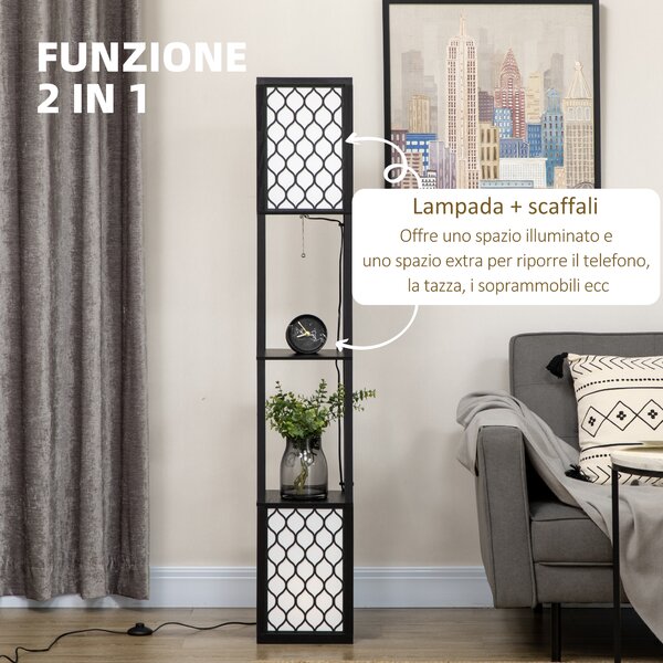 HOMCOM Lampada da Terra a Colonna in MDF e Plastica PP con 2 Ripiani, per Soggiorno, Studio e Camera da Letto, 26x26x156 cm, Bianca e Nera|Aosom
