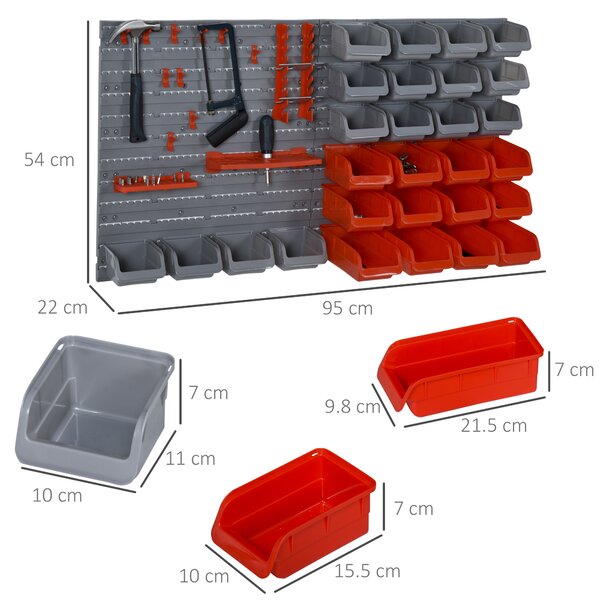 DURHAND 44PZ Contenitore Portautensile Scatole Regolabili e Rimovibile, Montaggio a Muro, PP, Rosso Grigio, 54x22x95cm|Aosom