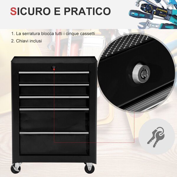 HomCom Carrello Cassettiera Porta Utensili per officina, Carrello da Officina Cassettiera con Ruote, nero, 61.5x33x85cm|Aosom