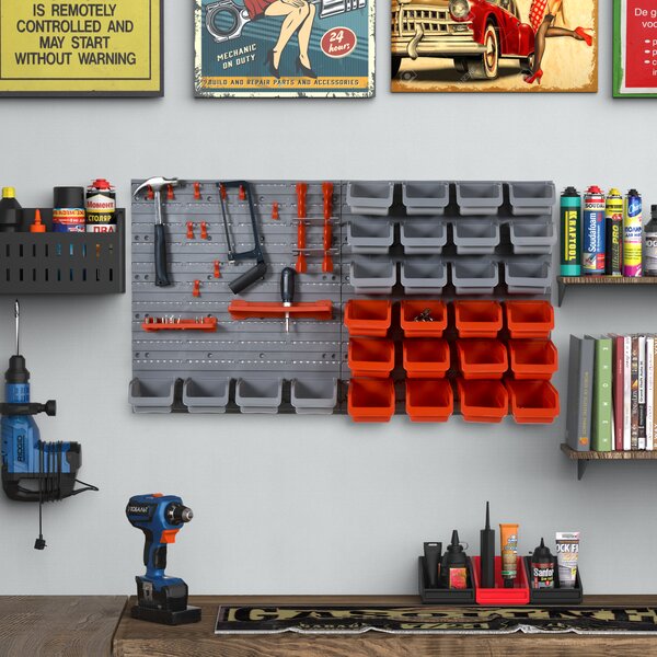 DURHAND 44PZ Contenitore Portautensile Scatole Regolabili e Rimovibile, Montaggio a Muro, PP, Rosso Grigio, 54x22x95cm|Aosom