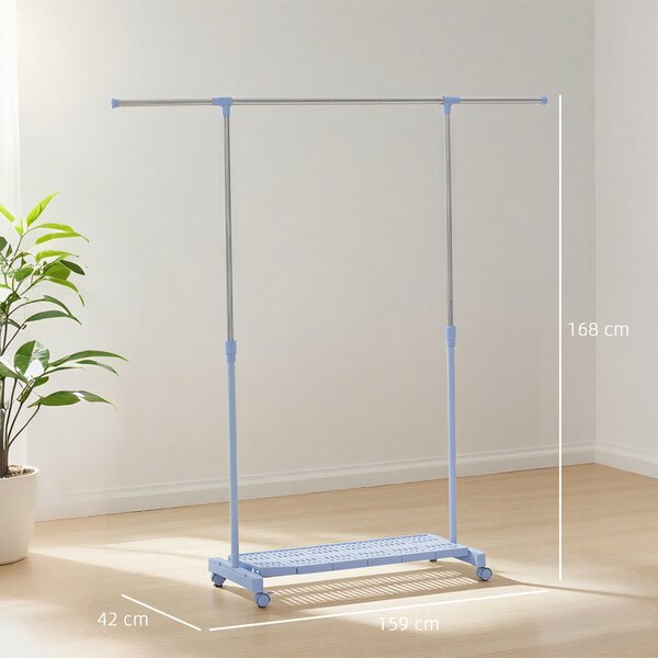 HOMCOM Stendibiancheria Estensibile con Ruote con Asta in Acciaio Inox e Mensola per Scarpe 159x42x168 cm Blu e Argento | Aosom Italy