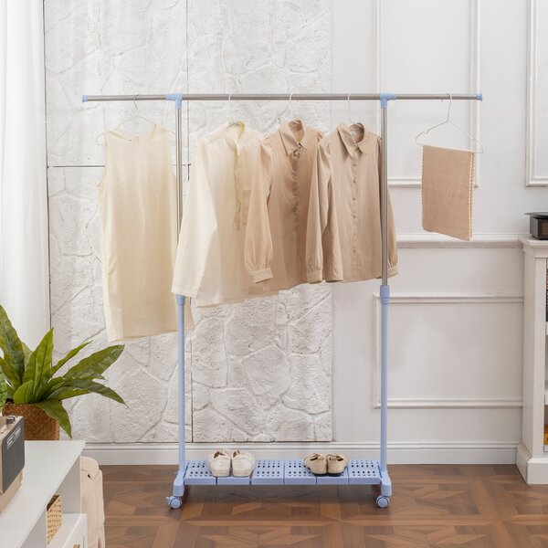 HOMCOM Stendibiancheria Estensibile con Ruote con Asta in Acciaio Inox e Mensola per Scarpe 159x42x168 cm Blu e Argento | Aosom Italy