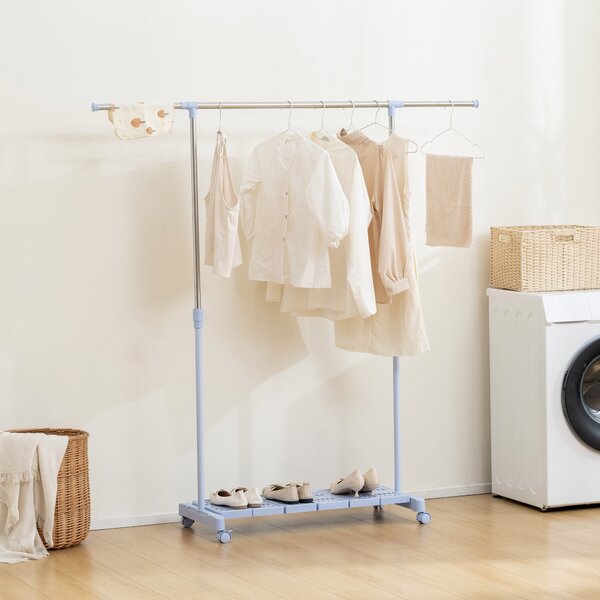 HOMCOM Stendibiancheria Estensibile con Ruote con Asta in Acciaio Inox e Mensola per Scarpe 159x42x168 cm Blu e Argento | Aosom Italy