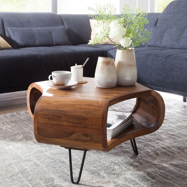 FineBuy tavolino da salotto in legno massiccio di sheesham con ripiano e gambe in metallo | design retrò fatto a mano oggetto unico in legno massiccio