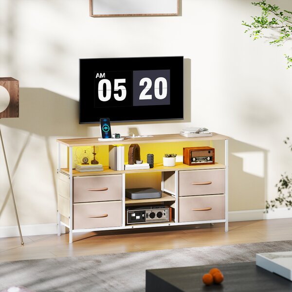 HOMCOM Mobile TV con Luce LED e Prese Porte USB Ripiani Aperti 4 Cassetti pieghevoli 120x30x67,5 cm Beige e Bianco | Aosom Italy
