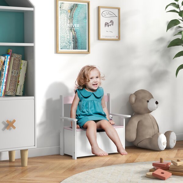 AIYAPLAY Panca contenitore per bambini con schienale e chiusura soft, 68,5x34x58 cm, Rosa/Bianco | Aosom Italy