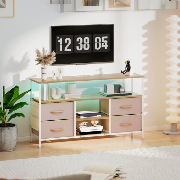 HOMCOM Mobile TV con Luce LED e Prese Porte USB Ripiani Aperti 4 Cassetti pieghevoli 120x30x67,5 cm Beige e Bianco | Aosom Italy
