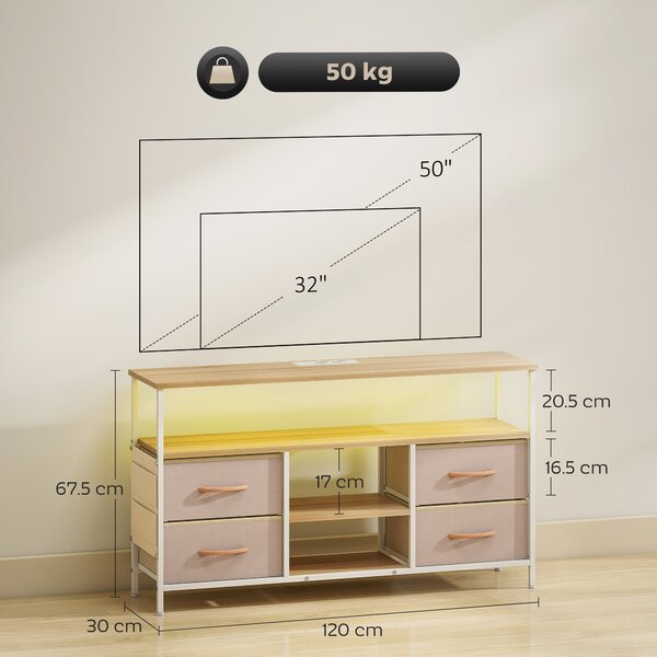HOMCOM Mobile TV con Luce LED e Prese Porte USB Ripiani Aperti 4 Cassetti pieghevoli 120x30x67,5 cm Beige e Bianco | Aosom Italy