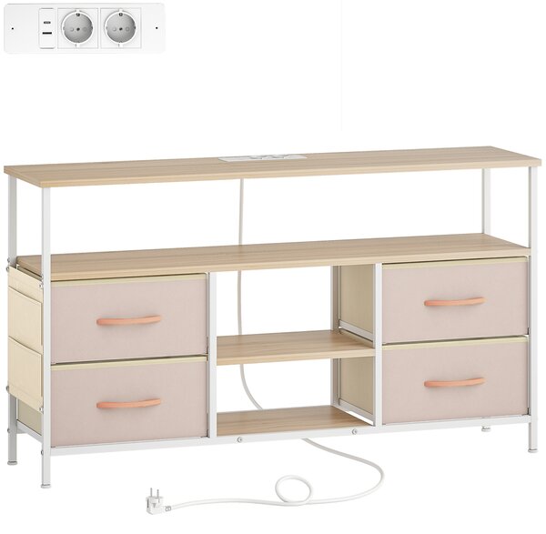 HOMCOM Mobile TV con Luce LED e Prese Porte USB Ripiani Aperti 4 Cassetti pieghevoli 120x30x67,5 cm Beige e Bianco | Aosom Italy