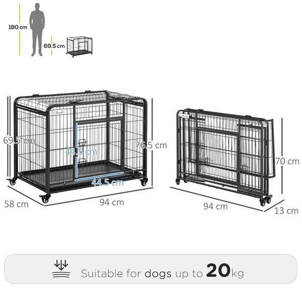 PawHut Kennel per Cani Pieghevole a Doppia Porta con Blocco, 4 Ruote con Freno e Fondo Rimovibile, 94x58x69.5 cm, Grigio | Aosom Italy