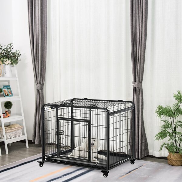 PawHut Kennel per Cani Pieghevole a Doppia Porta con Blocco, 4 Ruote con Freno e Fondo Rimovibile, 94x58x69.5 cm, Grigio | Aosom Italy