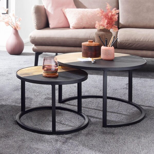 FineBuy set di 2 tavolini da caffè in legno massiccio / pietra di mango rotondo moderno | Tavolino di design 2 pezzi | Tavoli rotondi per il soggiorno