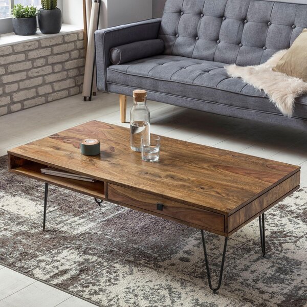 Tavolino FineBuy in legno massello di sheesham 110 cm · Tavolino da salotto in stile industriale rettangolare con gambe a forcina, 2 cassetti e ripiani · Realizzato a mano