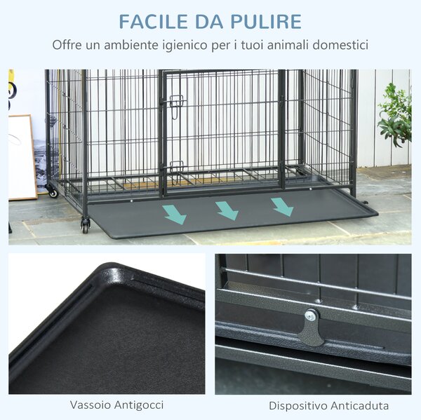 PawHut Kennel per Cani Pieghevole a Doppia Porta con Blocco, 4 Ruote con Freno e Fondo Rimovibile, 94x58x69.5 cm, Grigio | Aosom Italy