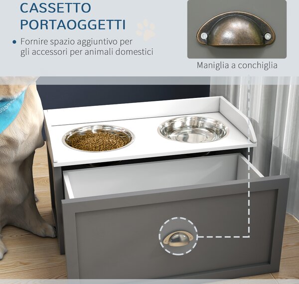 PawHut Ciotole per Cani Rialzate in Acciaio Inox e Legno con Cassetto, 60x30x36cm, Grigio | Aosom Italy