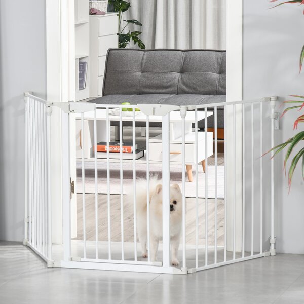 PawHut Cancelletto per Cani con Chiusura Automatica e Sistema di Blocco, in Metallo e Plastica, 180x74.5 cm, Bianco | Aosom Italy